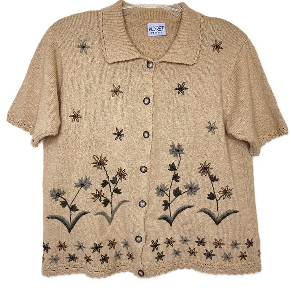 Koret Embroidered Cardigan Sweater Autumn Floral Short Sleeves Mustard Yellow - Picture 3 of 7